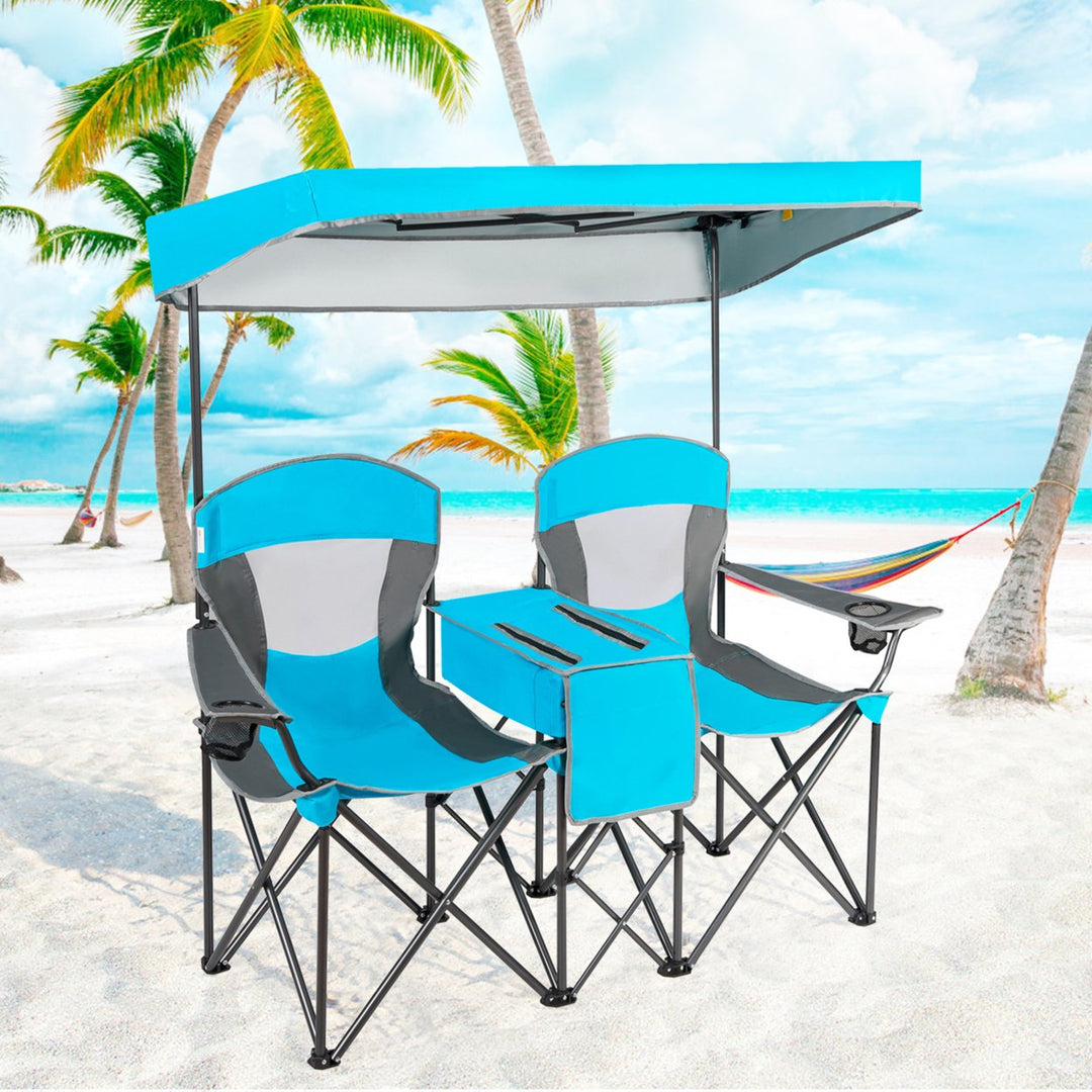 Folding 2-person Camping Chairs Double Sunshade Chairs w/ Canopy Blue/Turquoise/Red Image 5