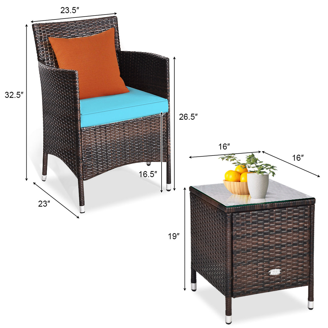 Gymax 3PCS Patio Outdoor Rattan Furniture Set w/ Coffee Table Cushioned Chairs Image 2