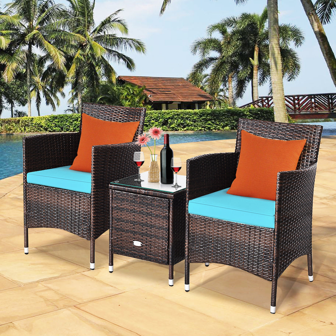 Gymax 3PCS Patio Outdoor Rattan Furniture Set w/ Coffee Table Cushioned Chairs Image 4