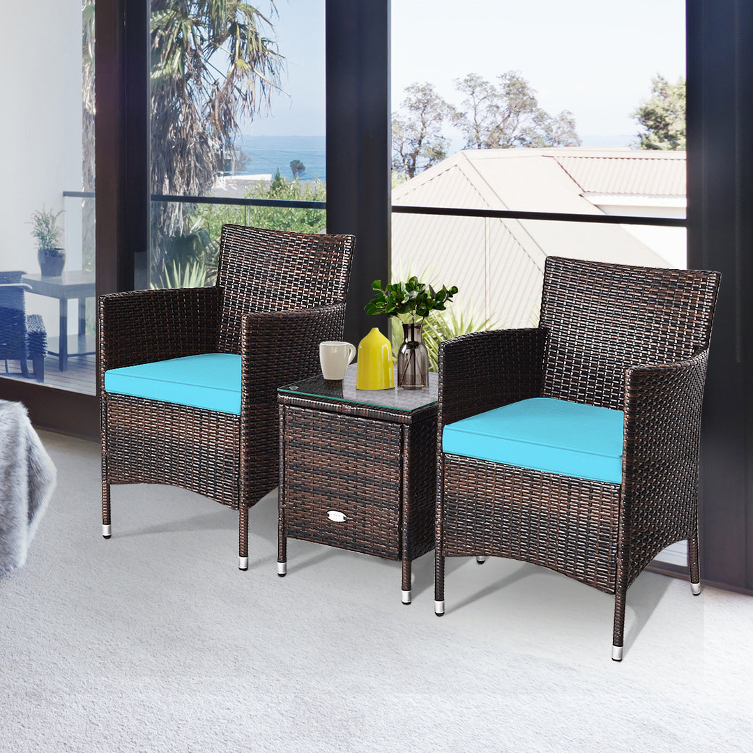 Gymax 3PCS Patio Outdoor Rattan Furniture Set w/ Coffee Table Cushioned Chairs Image 5