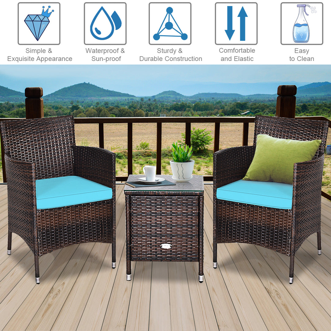 Gymax 3PCS Patio Outdoor Rattan Furniture Set w/ Coffee Table Cushioned Chairs Image 7