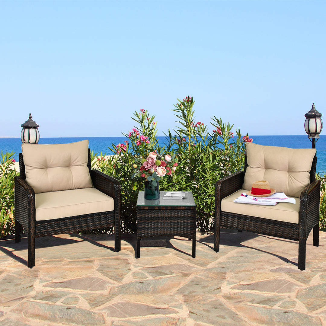 3PCS Patio Outdoor Rattan Furniture Set Brown w/ Cushioned Chairs Coffee Table Image 1