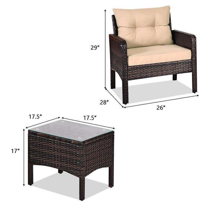 3PCS Patio Outdoor Rattan Furniture Set Brown w/ Cushioned Chairs Coffee Table Image 4