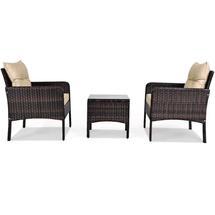 3PCS Patio Outdoor Rattan Furniture Set Brown w/ Cushioned Chairs Coffee Table Image 5