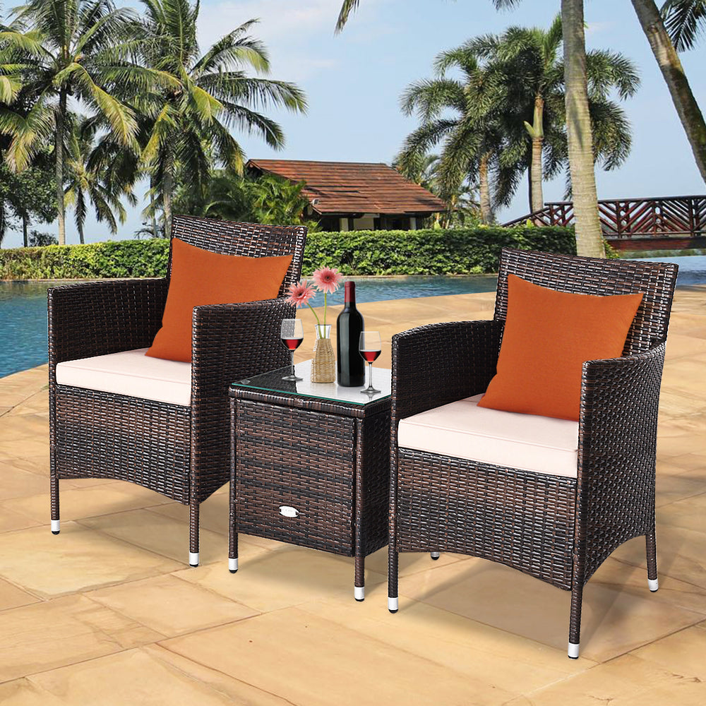 Gymax 3PCS Patio Outdoor Rattan Furniture Set Cushioned Chairs Coffee Table Image 2