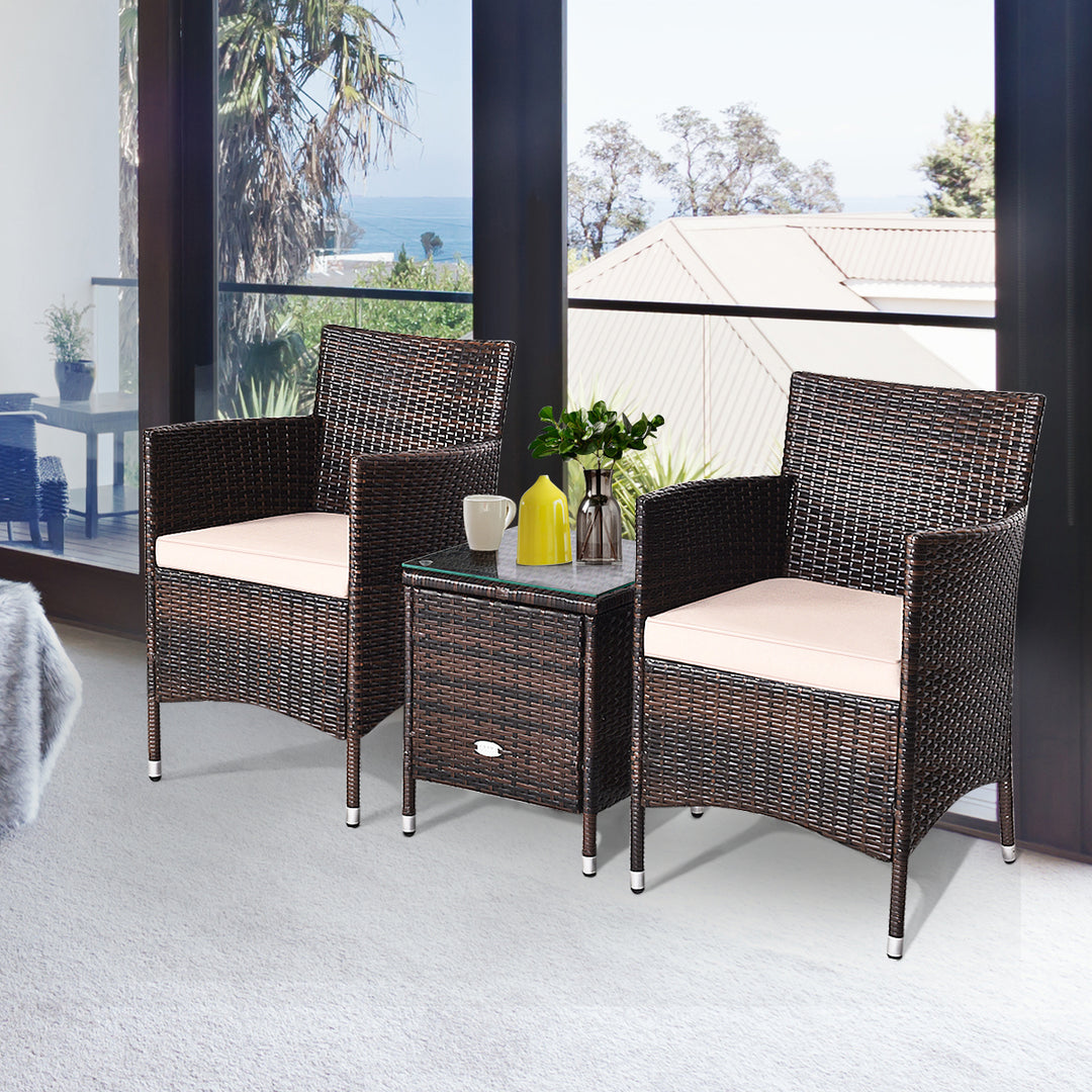 Gymax 3PCS Patio Outdoor Rattan Furniture Set Cushioned Chairs Coffee Table Image 4