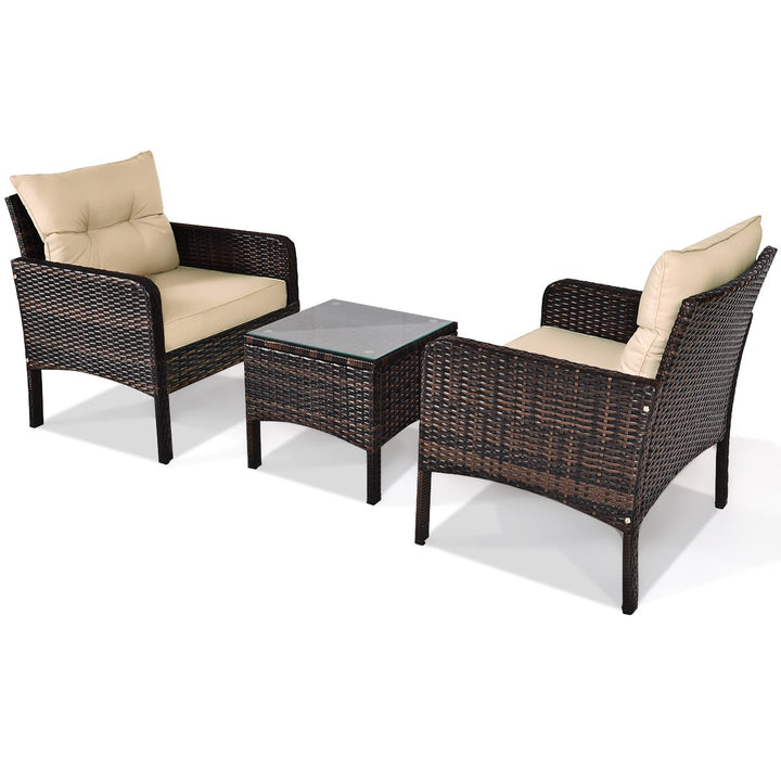 3PCS Patio Outdoor Rattan Furniture Set Brown w/ Cushioned Chairs Coffee Table Image 6