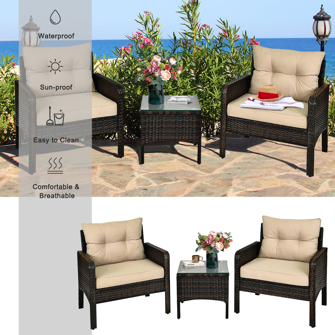 3PCS Patio Outdoor Rattan Furniture Set Brown w/ Cushioned Chairs Coffee Table Image 7