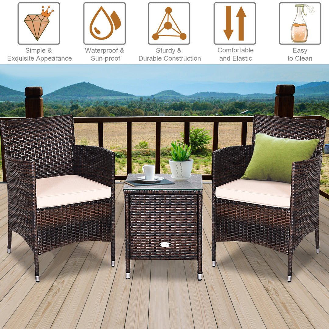 Gymax 3PCS Patio Outdoor Rattan Furniture Set Cushioned Chairs Coffee Table Image 6