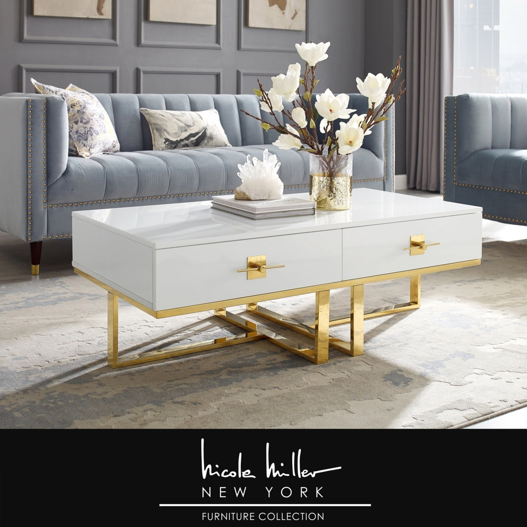 Nicole Miller Moana Coffee Table High Gloss Lacquer Polished Stainless Steel 2 Drawers 47in Image 2