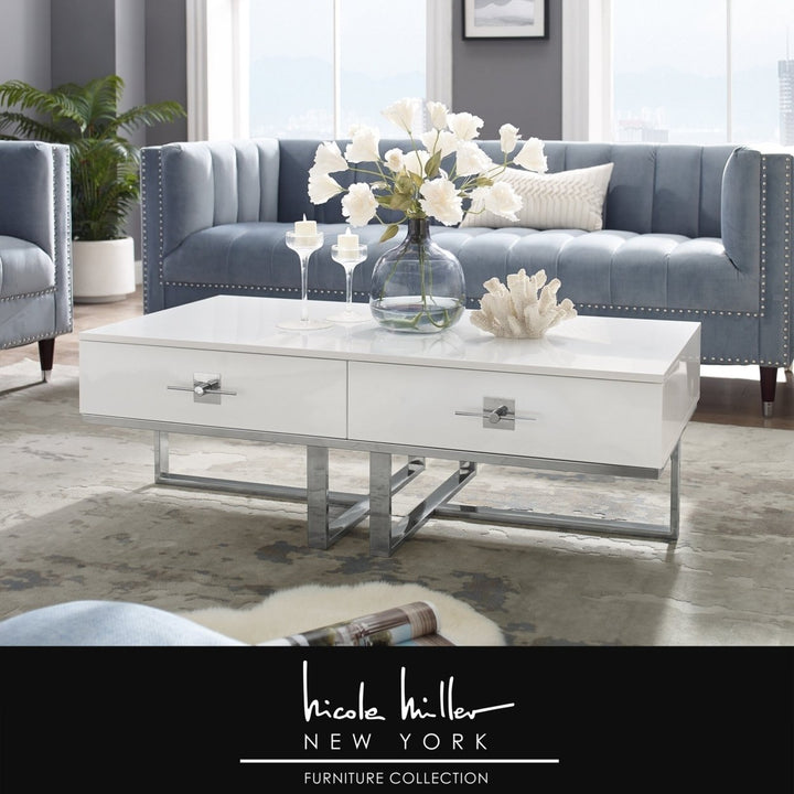 Nicole Miller Moana Coffee Table High Gloss Lacquer Polished Stainless Steel 2 Drawers 47in Image 9