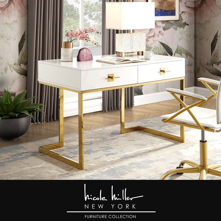 Nicole Miller Moana Desk High Gloss Lacquer 2 Drawer Stainless Steel Base 47" Image 1