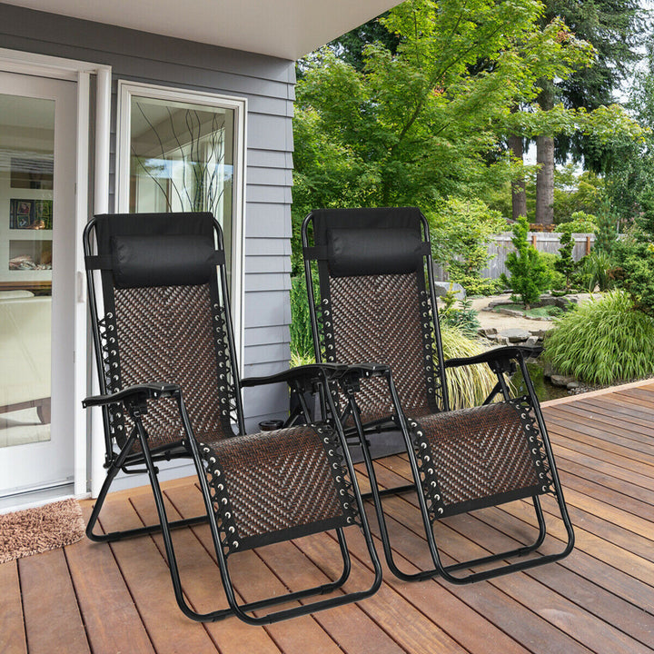 Set of 2 Folding Rattan Patio Zero Gravity Lounge Chair Recliner Image 1