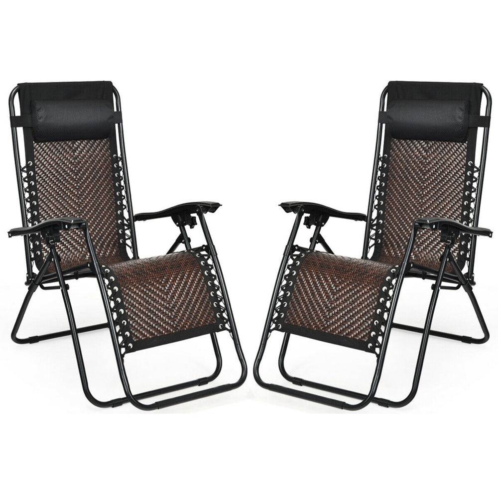 Set of 2 Folding Rattan Patio Zero Gravity Lounge Chair Recliner Image 2