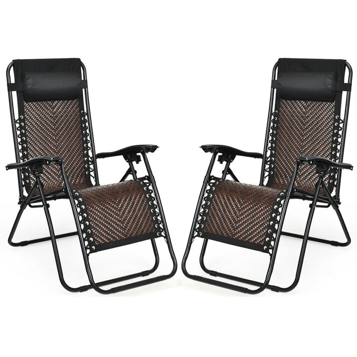 Set of 2 Folding Rattan Patio Zero Gravity Lounge Chair Recliner Image 2