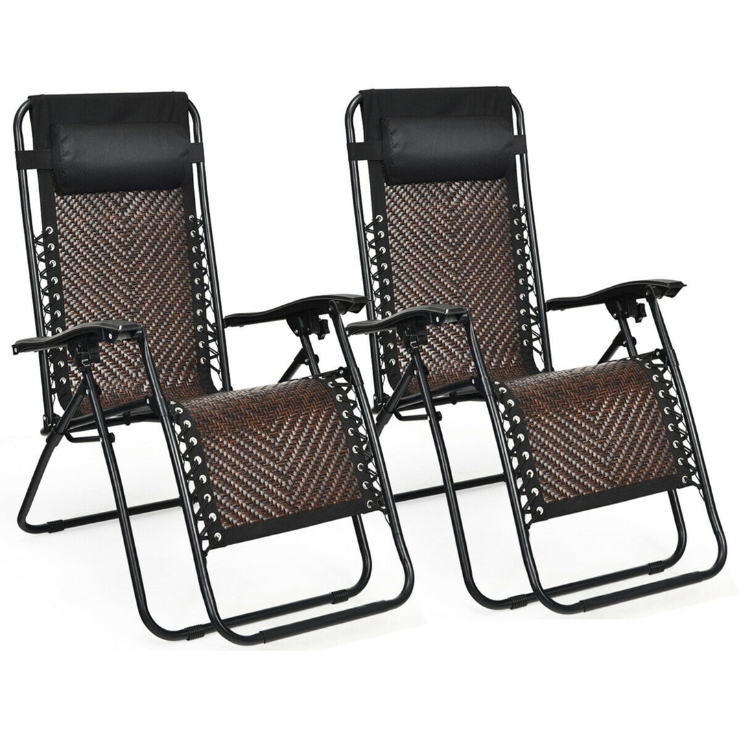 Set of 2 Folding Rattan Patio Zero Gravity Lounge Chair Recliner Image 4