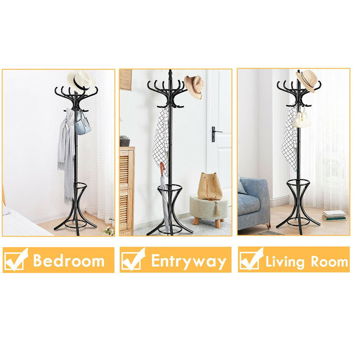 Wood Standing Hat Coat Rack Jacket Bag Hanger Tree 12 Hooks Black w/ Umbrella Stand Image 5