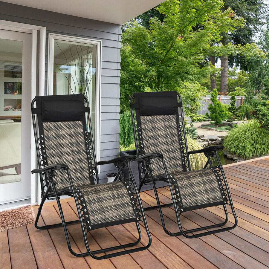 Set of 2 Folding Rattan Patio Zero Gravity Lounge Chair Recliner w/ Headrest Image 1