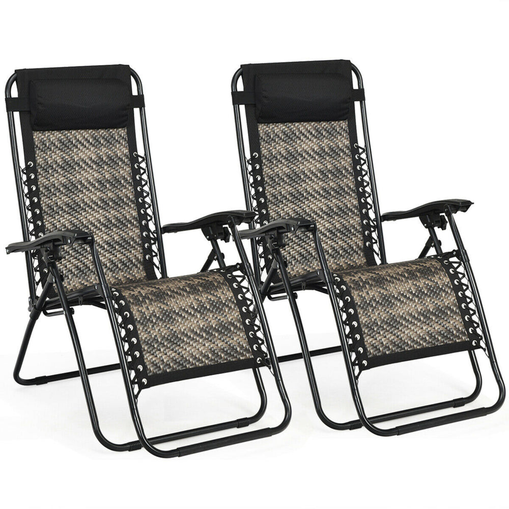 Set of 2 Folding Rattan Patio Zero Gravity Lounge Chair Recliner w/ Headrest Image 2