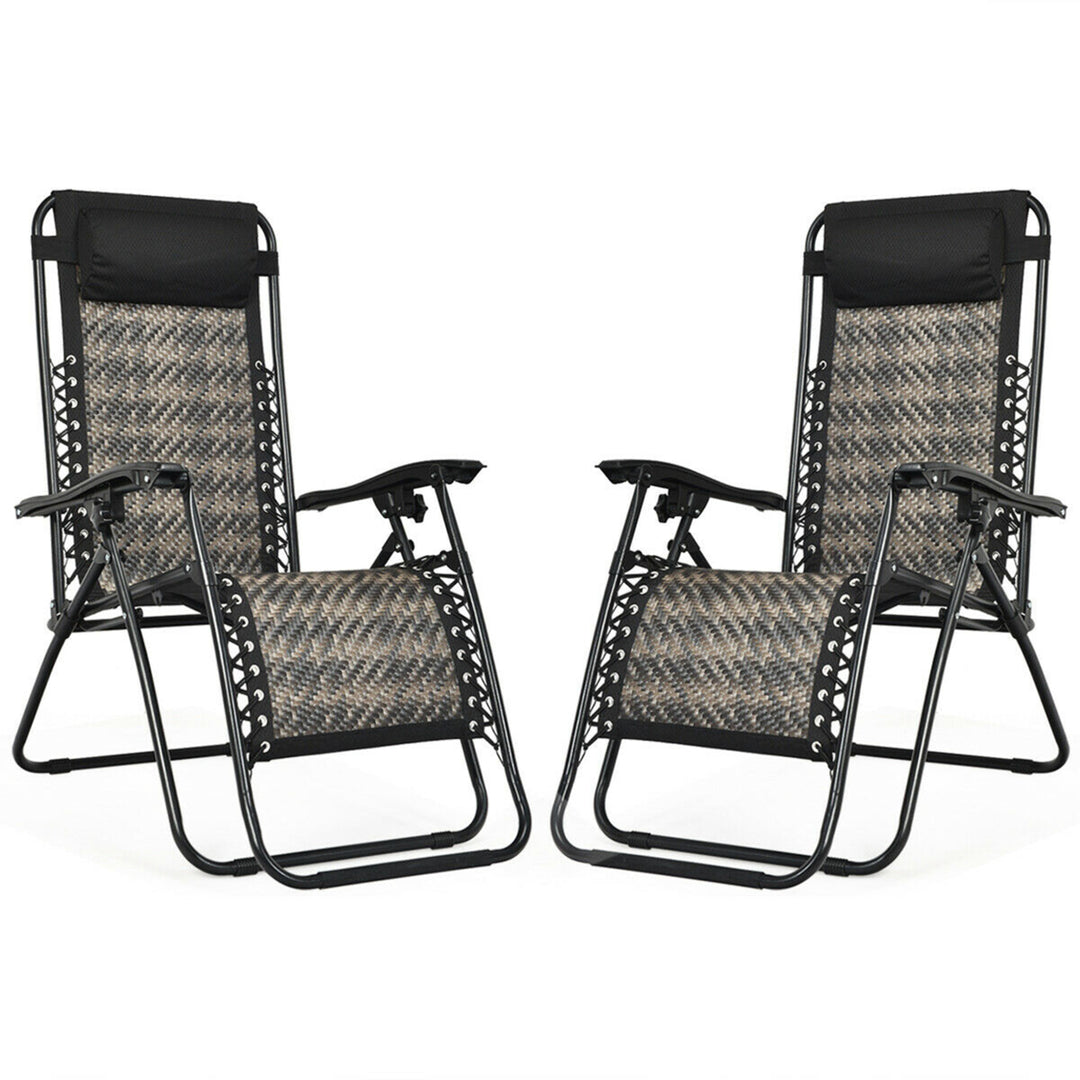 Set of 2 Folding Rattan Patio Zero Gravity Lounge Chair Recliner w/ Headrest Image 4