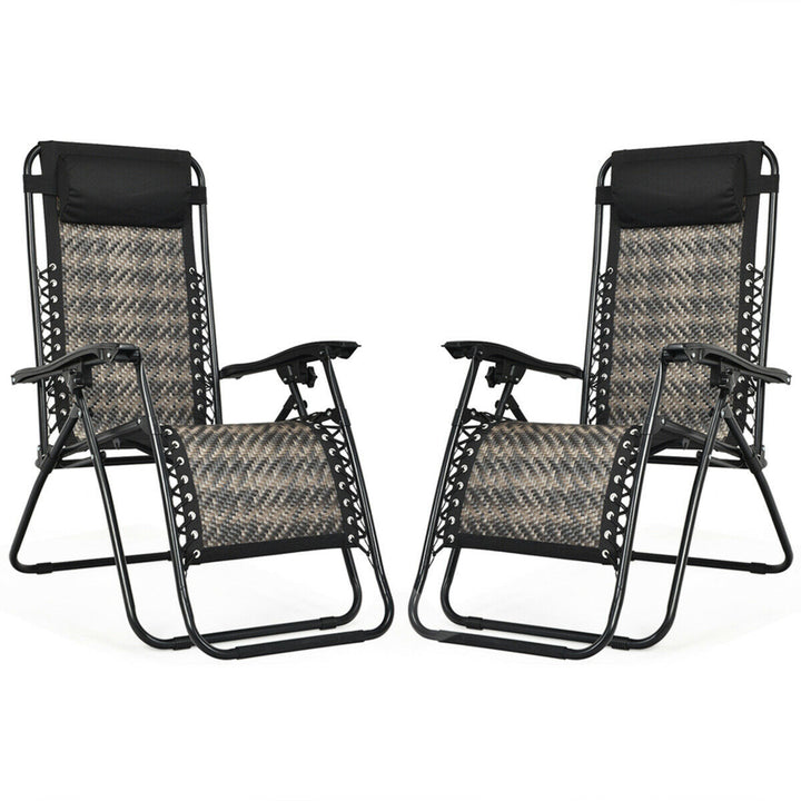 Set of 2 Folding Rattan Patio Zero Gravity Lounge Chair Recliner w/ Headrest Image 4