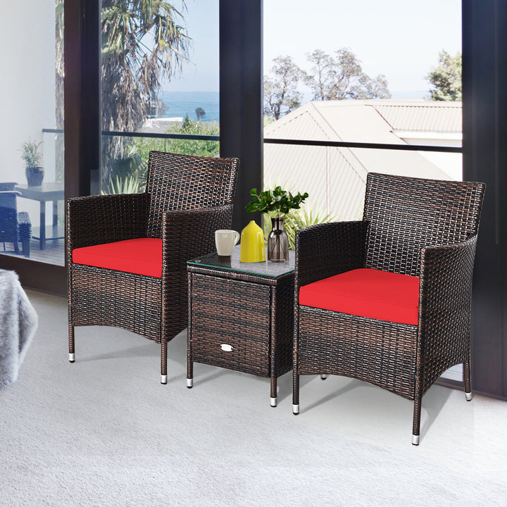 Gymax 3PCS Patio Outdoor Rattan Furniture Set w/ Cushioned Chairs Coffee Table Image 5