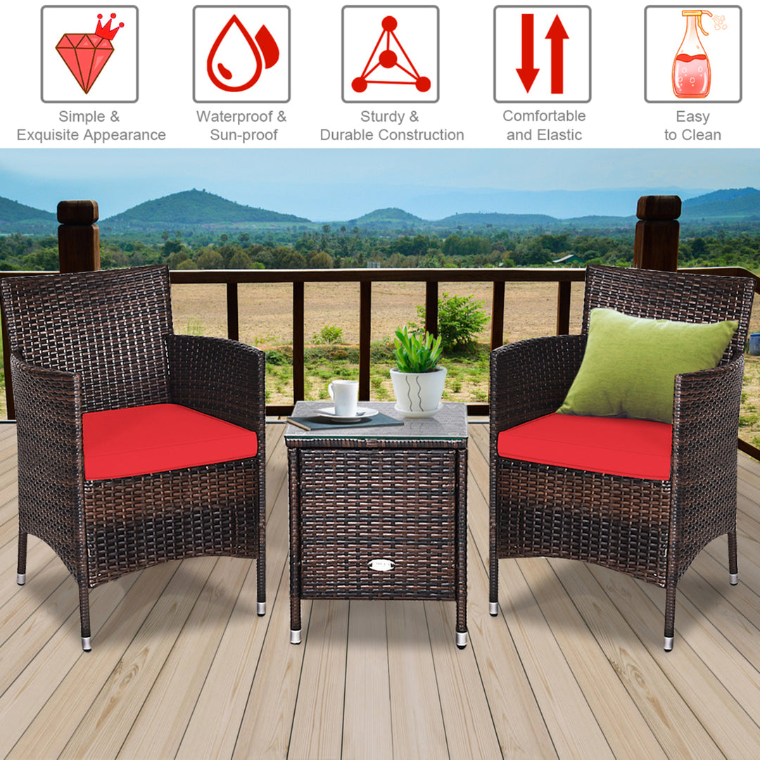 Gymax 3PCS Patio Outdoor Rattan Furniture Set w/ Cushioned Chairs Coffee Table Image 7