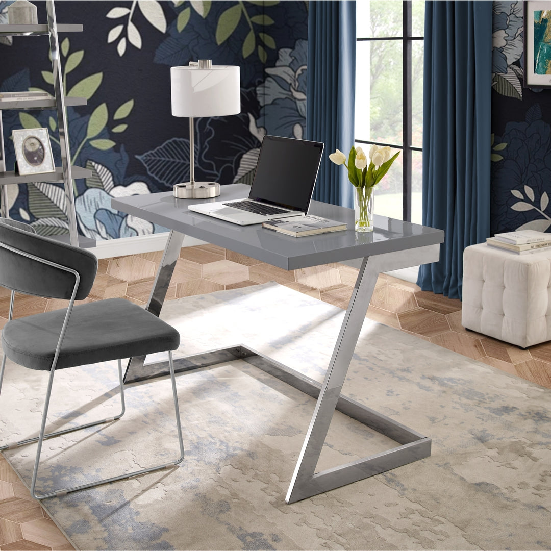 Kanoa High Writing Desk-Gloss Lacquer Finish-Polished Stainless Steel Base-Geometric Legs Image 7