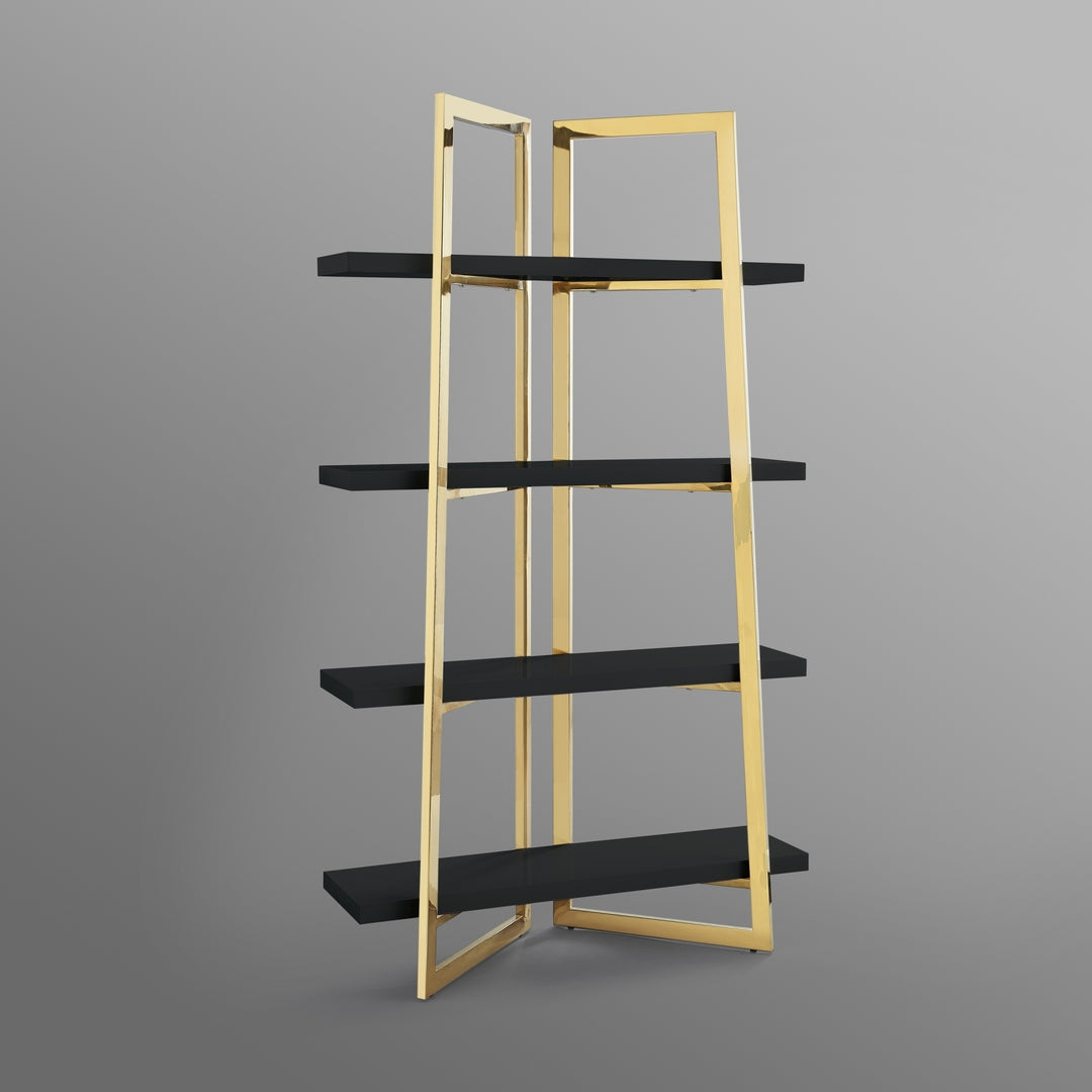 Kanoa Etagere Bookshelf-Bookcase-4 Shelves-High Gloss Lacquer Finish-Polished Stainless Steel Frame Image 8