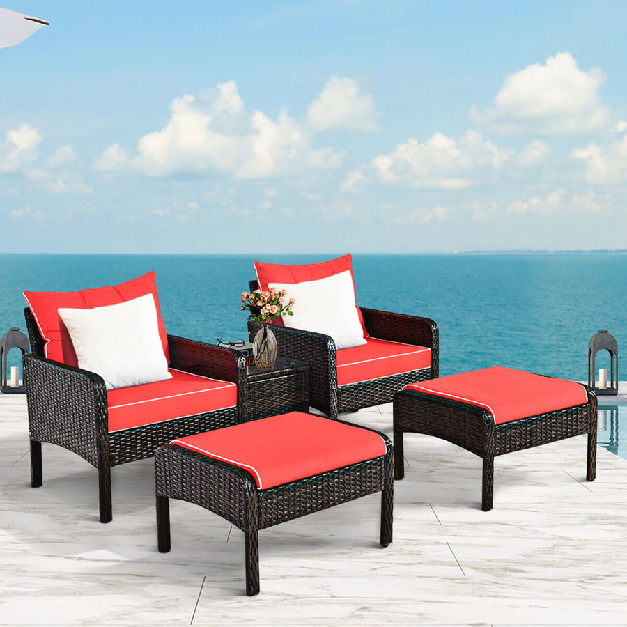 5 PCS Patio Rattan Furniture Set Sofa Ottoman Table Cushioned Yard Red Image 1