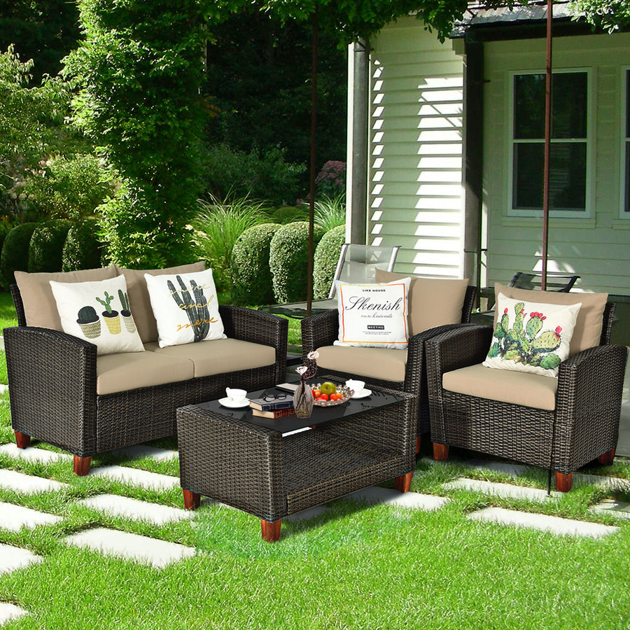 4PCS Patio Rattan Furniture Set Solid Wood Leg Cushioned Sofa Garden Lawn Image 1