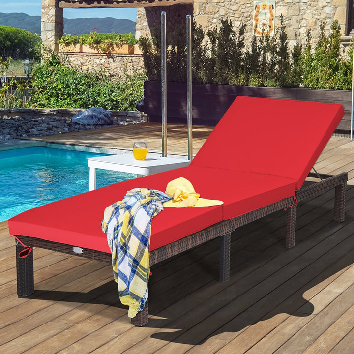 Costway 2PCS Outdoor Rattan Lounge Chair Chaise Recliner Adjustable Cushioned Patio Red Image 1