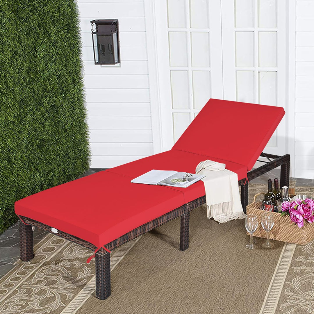 Costway 2PCS Outdoor Rattan Lounge Chair Chaise Recliner Adjustable Cushioned Patio Red Image 4