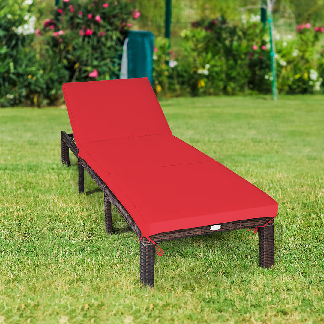 Costway 2PCS Outdoor Rattan Lounge Chair Chaise Recliner Adjustable Cushioned Patio Red Image 5