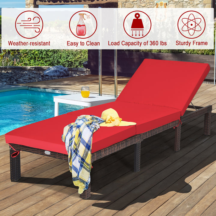 Costway 2PCS Outdoor Rattan Lounge Chair Chaise Recliner Adjustable Cushioned Patio Red Image 7