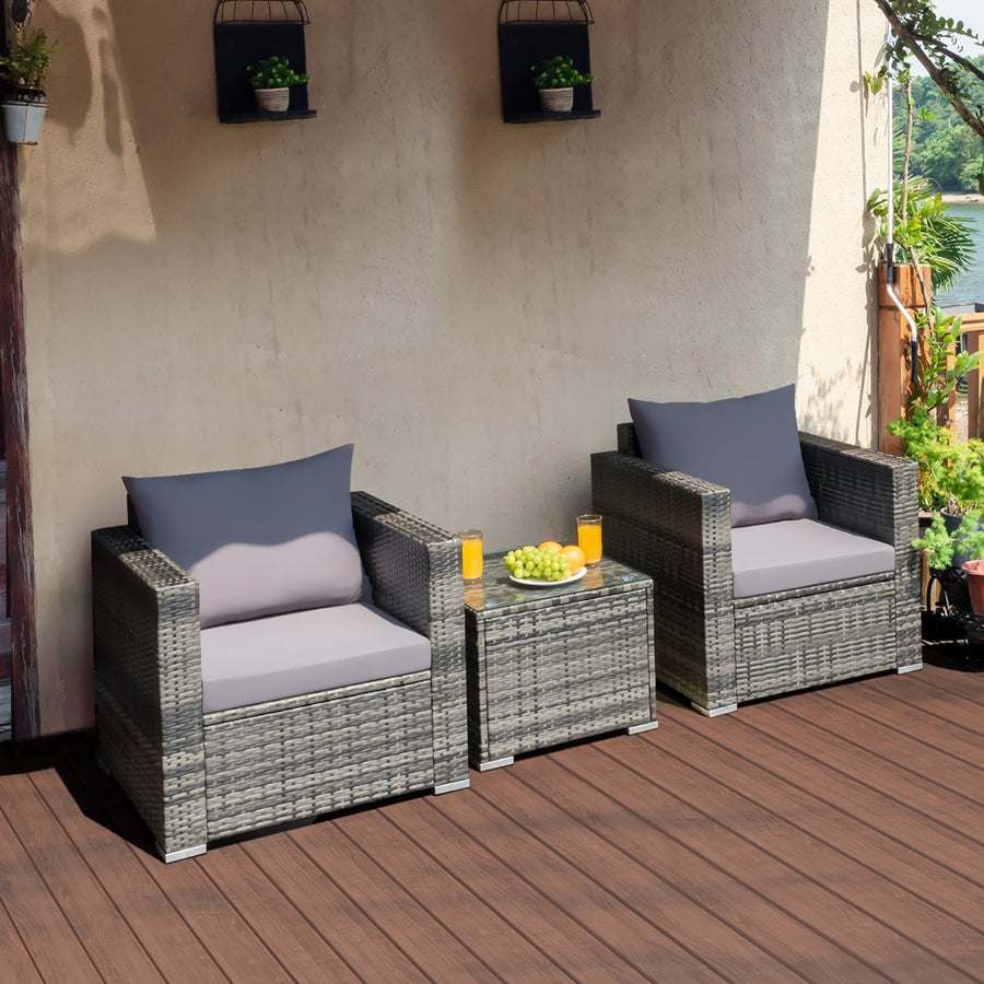 3 PCS Patio Rattan Furniture Bistro Set Cushioned Sofa Chair Glass Table Garden Image 1