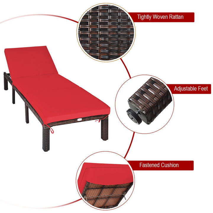 Costway 2PCS Outdoor Rattan Lounge Chair Chaise Recliner Adjustable Cushioned Patio Red Image 10