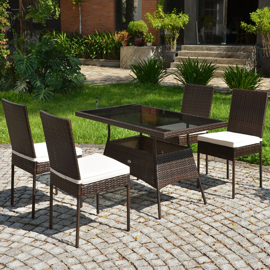 5 PCS Patio Rattan Dining Set Glass Table High Back Chair Garden Deck Mix Brown Image 1