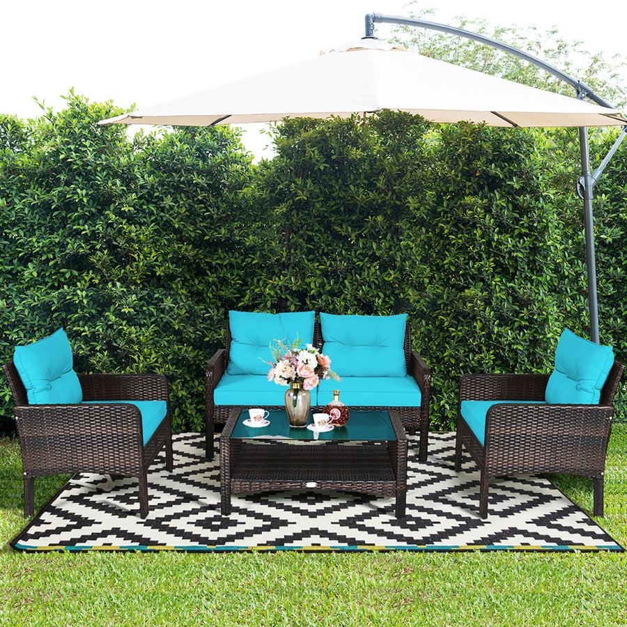 4PCS Patio Rattan Furniture Set Loveseat Sofa Coffee Table W/Turquoise Cushion Image 1