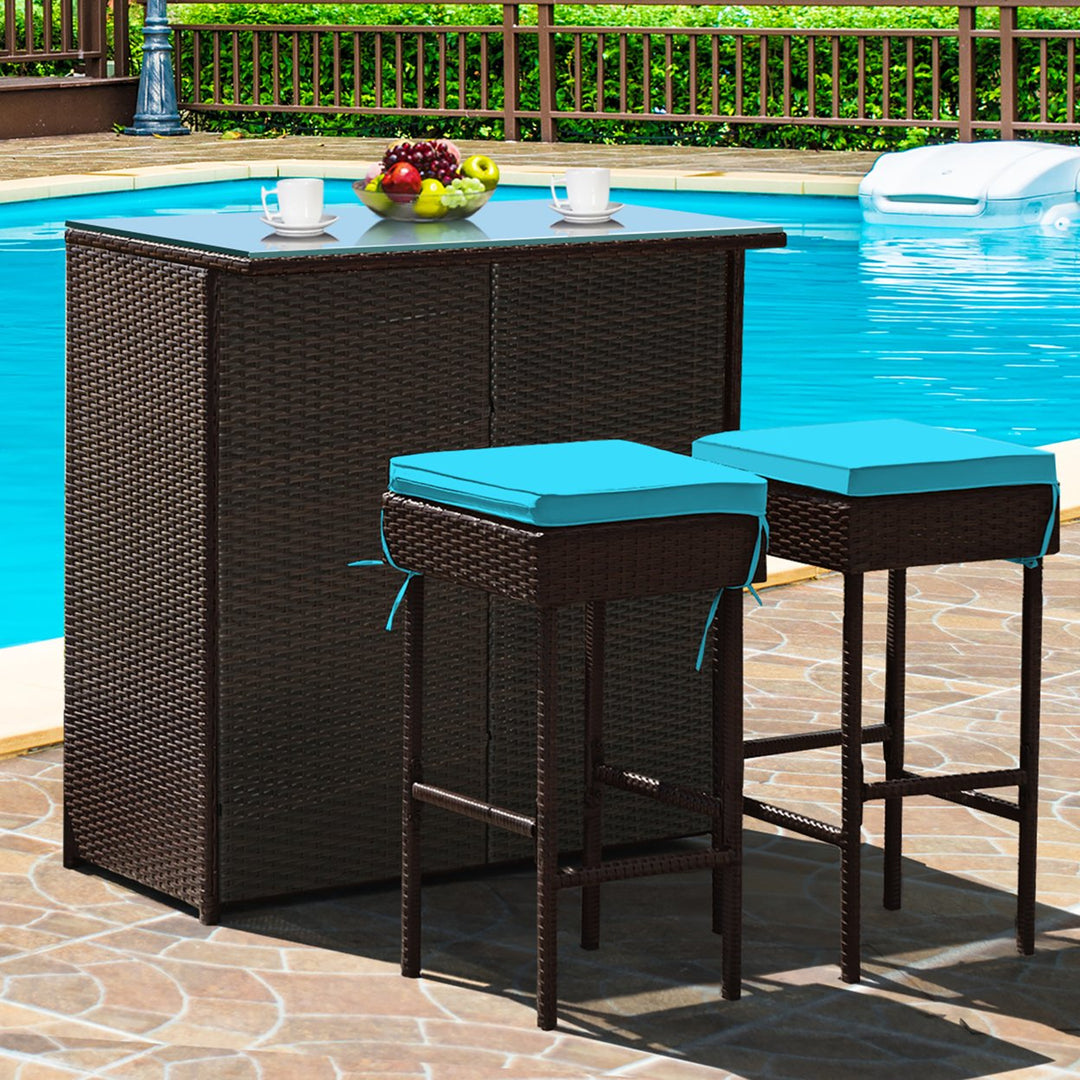 3PCS Patio Rattan Wicker Bar Table Stools Dining Set Cushioned Chairs Turquoise Image 1