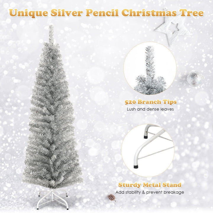 Costway 6FT Tinsel Tree Slim Pencil Christmas Tree Silver Champagne Goldblue Image 7