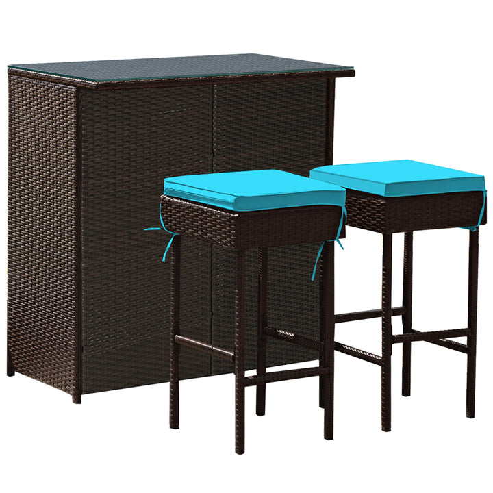 3PCS Patio Rattan Wicker Bar Table Stools Dining Set Cushioned Chairs Turquoise Image 9