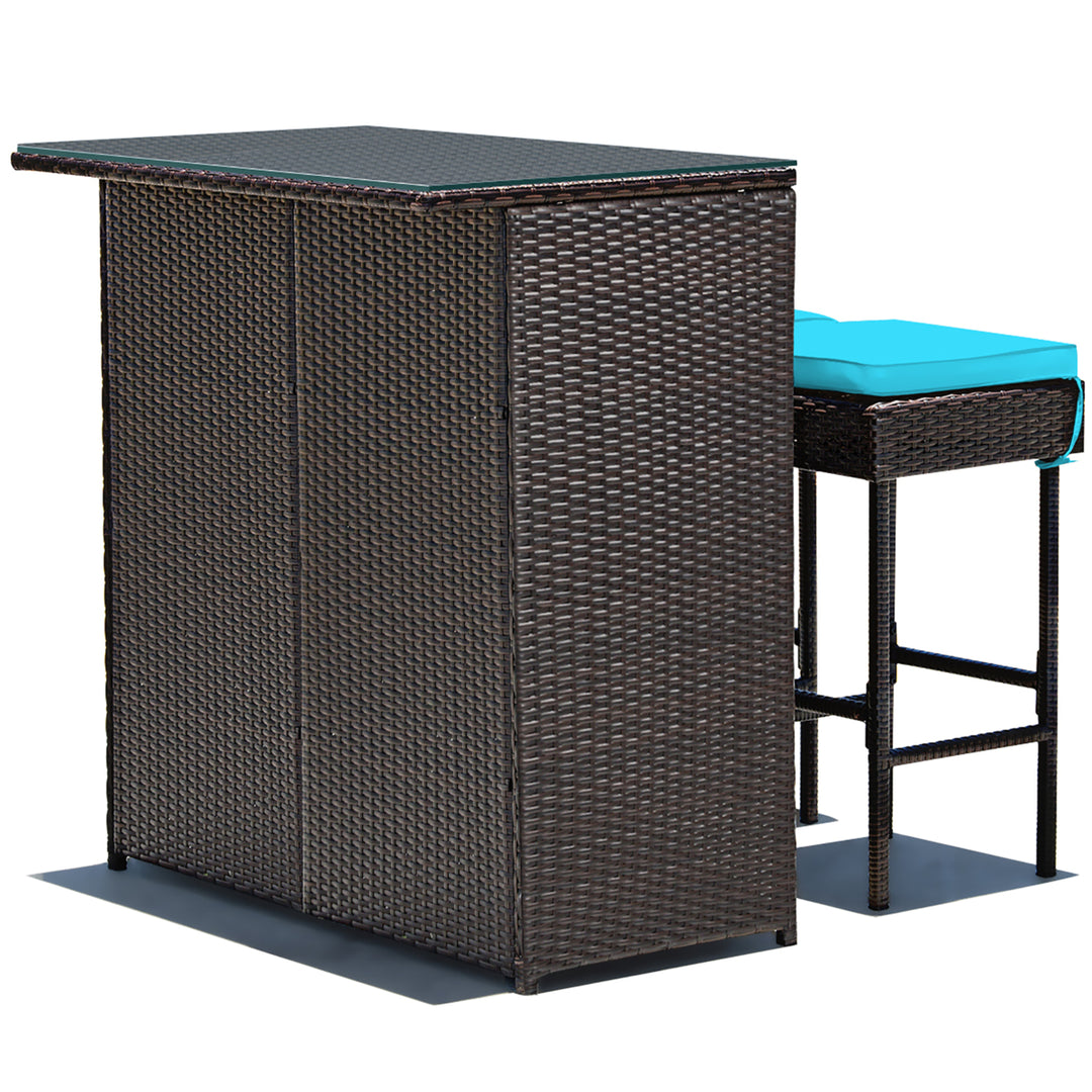 3PCS Patio Rattan Wicker Bar Table Stools Dining Set Cushioned Chairs Turquoise Image 10