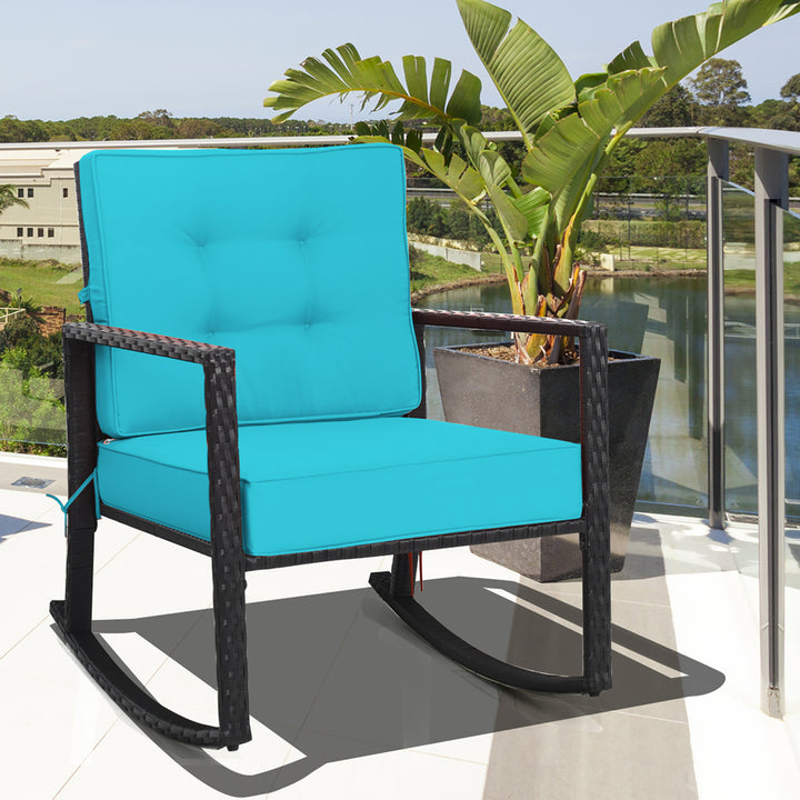 Patio Rattan Rocker Chair Outdoor Glider Rocking Chair Cushion Lawn Turquoise Image 1