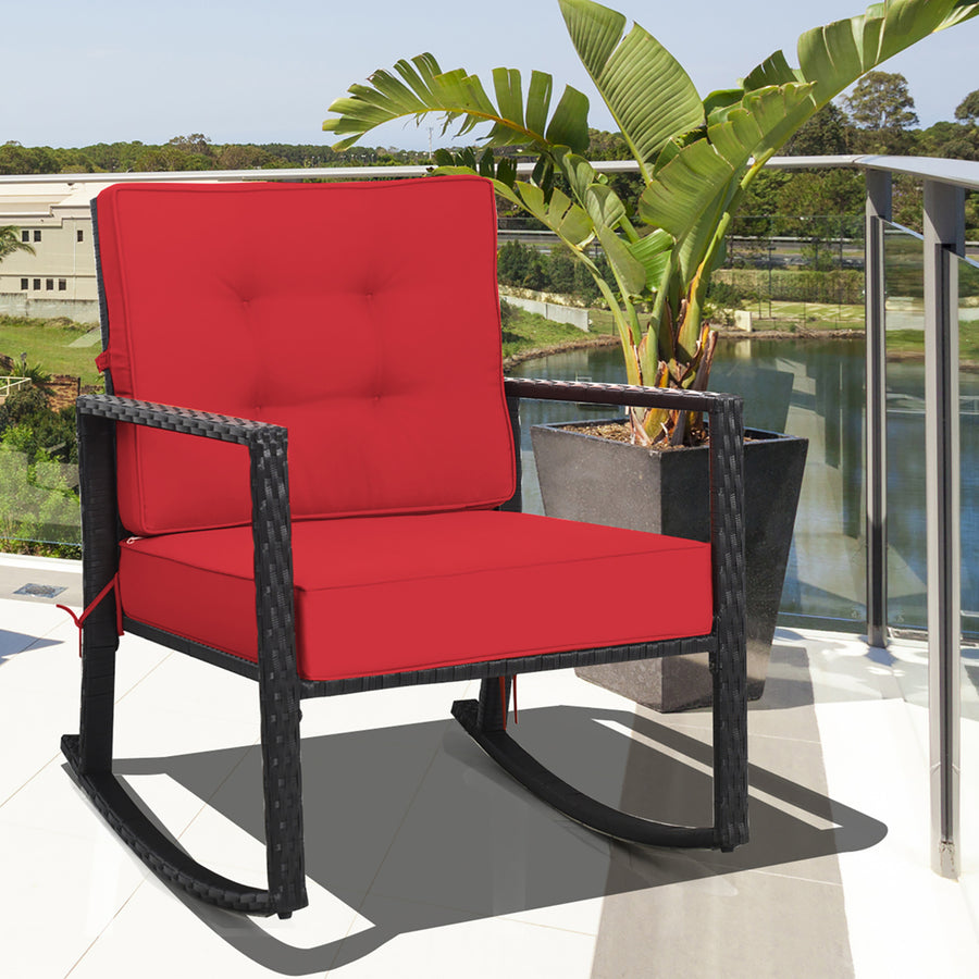 Patio Rattan Rocker Chair Outdoor Glider Wicker Rocking Chair Cushion Lawn Red Image 1