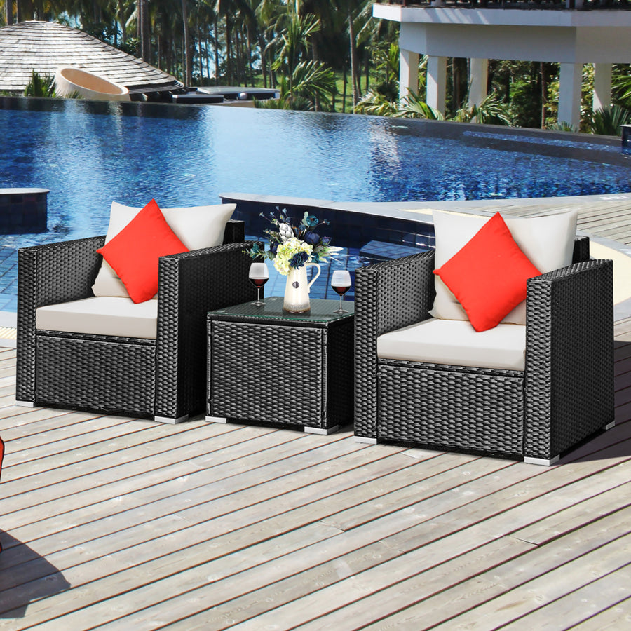 3PCS Patio wicker Furniture Set Conversation Rattan Sofa Set w/Cushion Garden Image 1