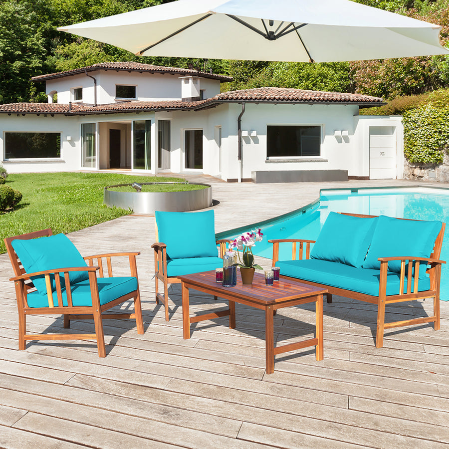 4PCS Wooden Patio Furniture Set Table Sofa Chair Cushioned Garden Turquoise Image 1