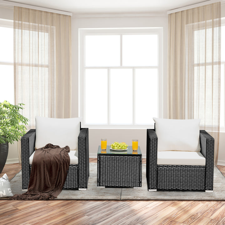 3PCS Patio wicker Furniture Set Conversation Rattan Sofa Set w/Cushion Garden Image 6