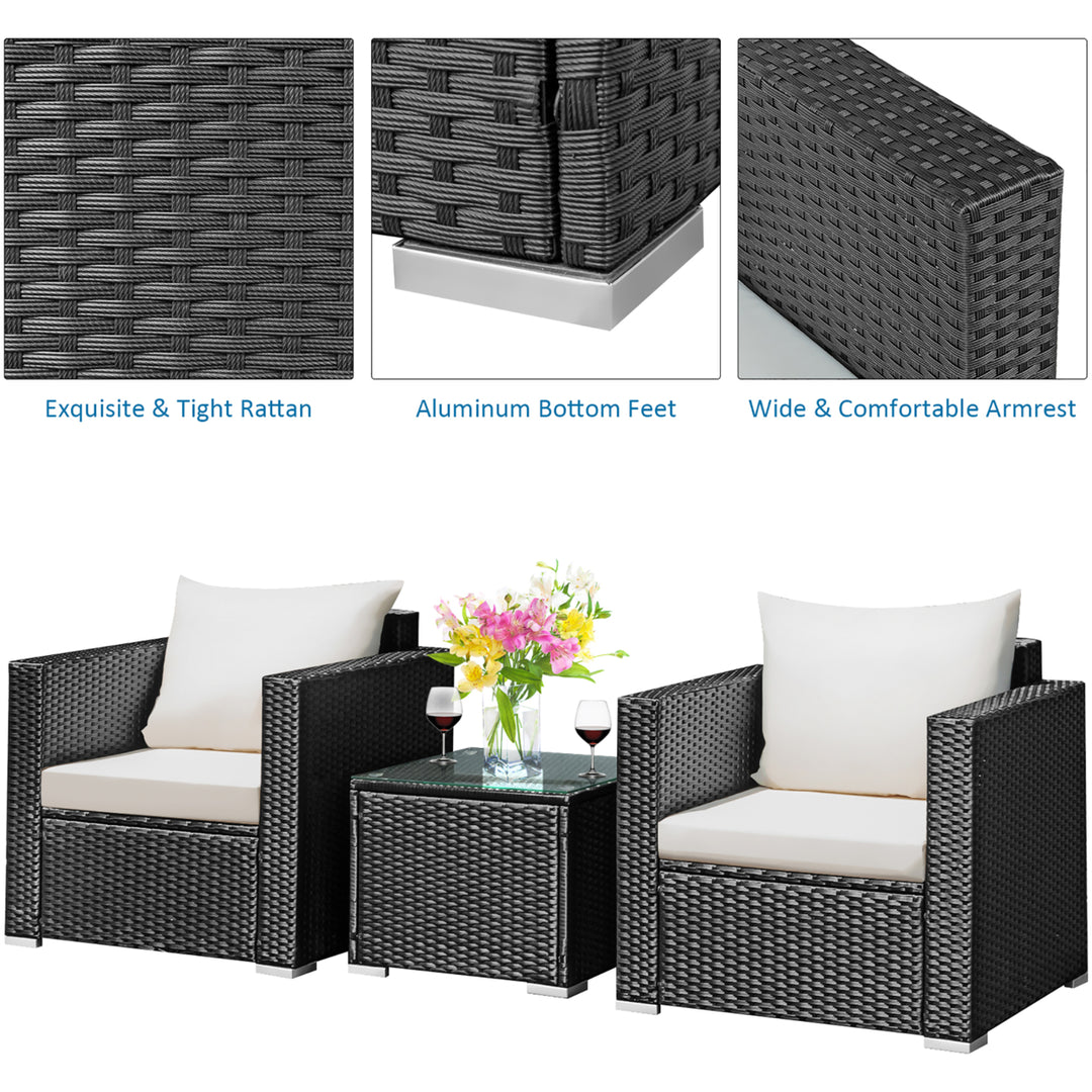 3PCS Patio wicker Furniture Set Conversation Rattan Sofa Set w/Cushion Garden Image 8