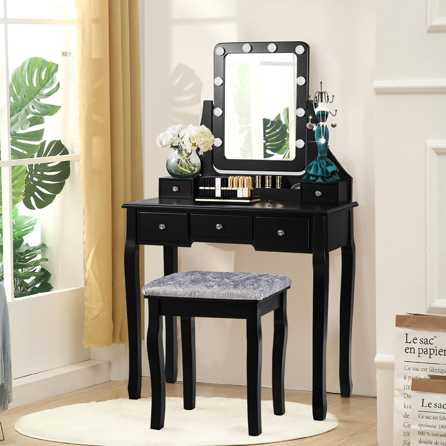 Costway Vanity Dressing Table Set w/ 10 Dimmable Bulbs Touch Switch Cushion Stool White\Black\Brown Image 1